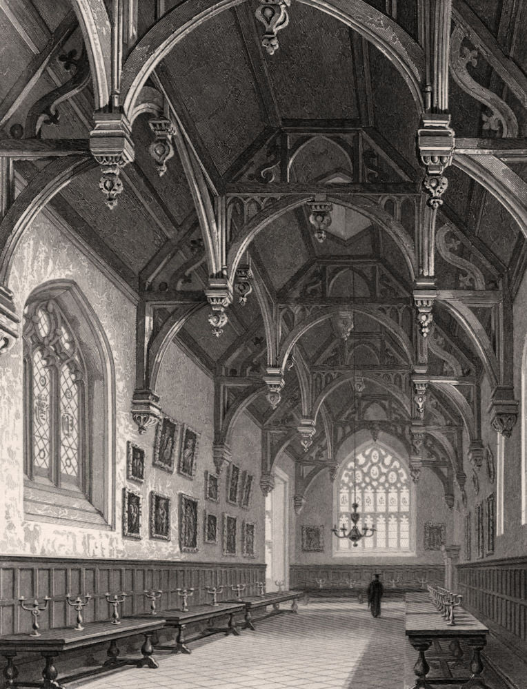 The hall of Wadham College, Oxford, by John Le Keux 1837 old antique print